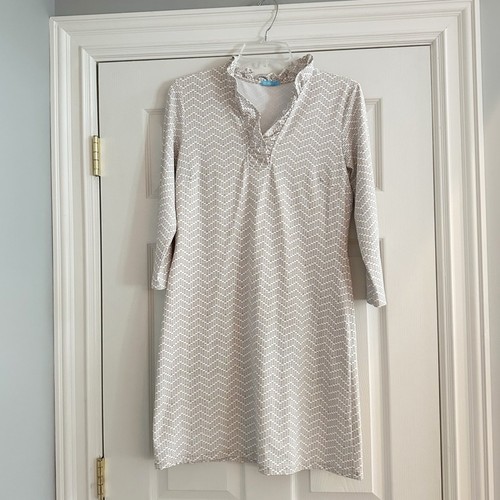 J. McLaughlin Durham Dress White Tan Wheat Geometric Print Ruffle Chevron Medium - Picture 4 of 11