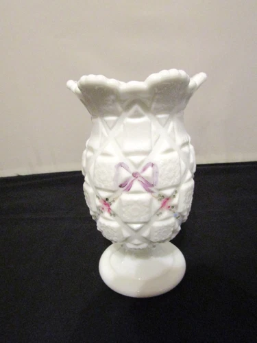 Vintage Westmoreland OLD QUILT Milk Glass Vase Hand Painted Pink Roses & Bow