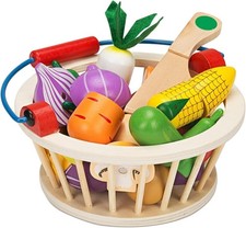 Magnetic Wooden Cutting Fruits Vegetables Food Play Toy Set with Basket