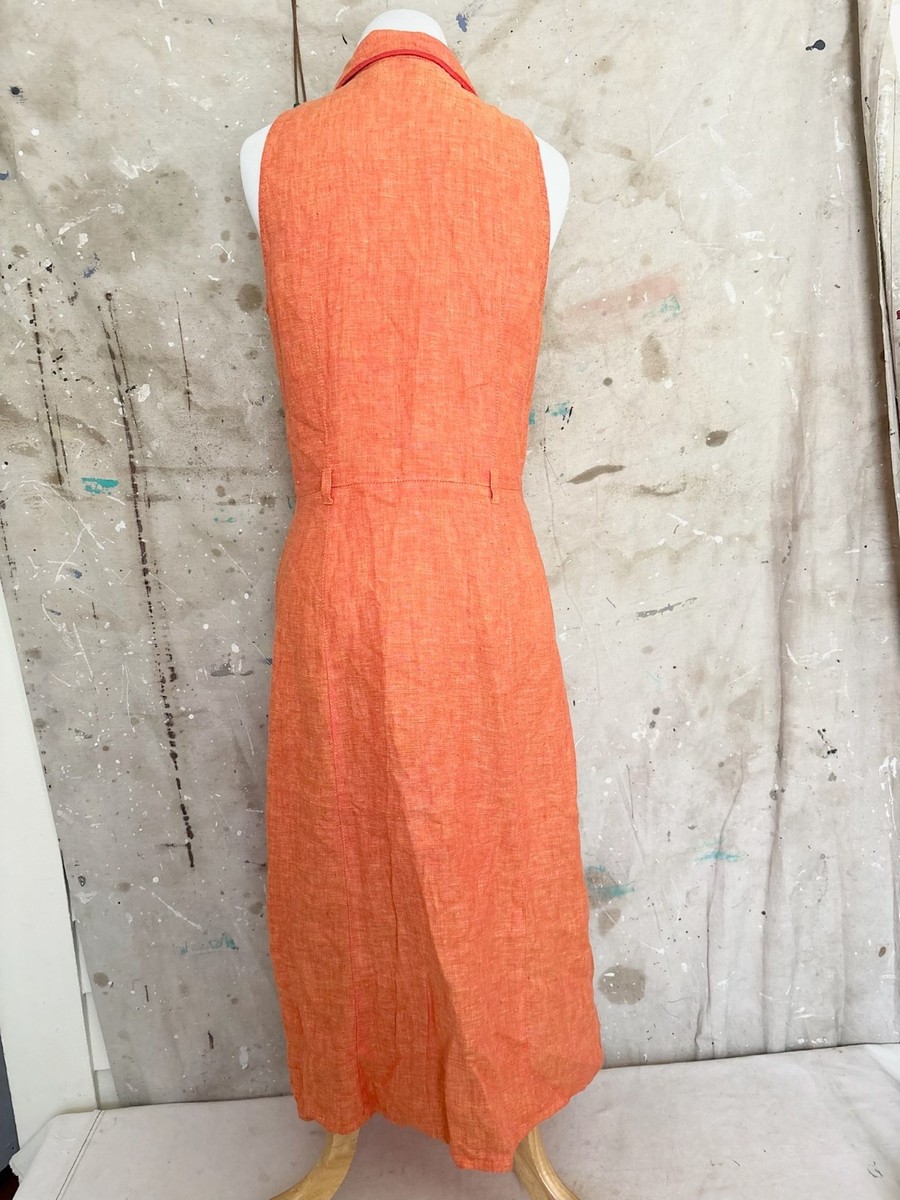 Weekend Max Mara Linen Shirt Dress Sz 8 - Orange Button Collared Sleeveless Midi View 4
