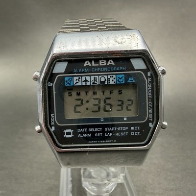 Seiko ALBA Watch Men 34mm Digital Silver Tone Alarm Chrono Y749-5150 New Battery