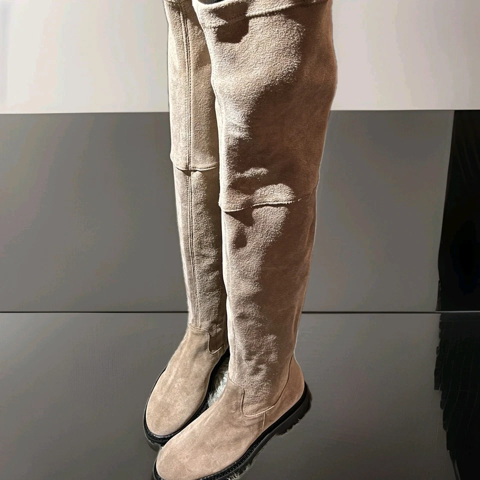 Aquatalia Knee High Boot W Sz 5.5 Suede Beige Leather Upper Black Sole ITALY - Image 4 of 4