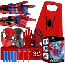 Superhero Costume 7-Pc Set: Web Shooters, 2 Masks, 2 Gloves, Cape - Kids 3 Fun 