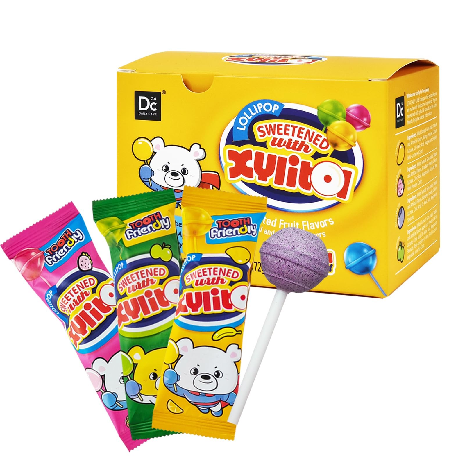 DC24 DAILY CARE Xylitol Lollipops Assorted Fruit Flavors Suckers Anti Cavity No