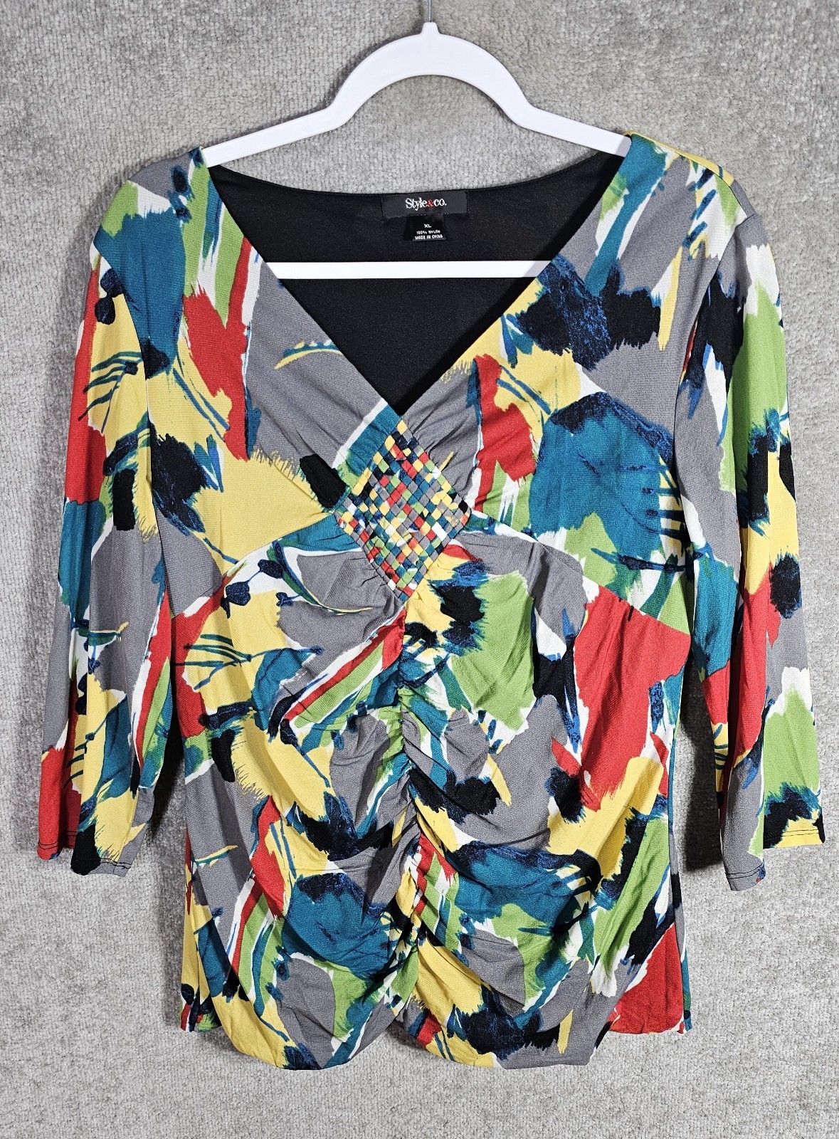 Style & Co Women Abstract Artsy Babydoll Top Womens Size XL Multicolor Ruched