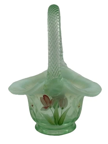 Vtg Fenton Opalescent Green Hand Painted Mini Basket SIGNED Donna Caplinger 2001