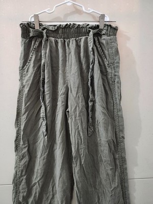 Knox Rose Pants Womens S Green Paperbag Drawstring Straight Wide Ruffle Lyocell