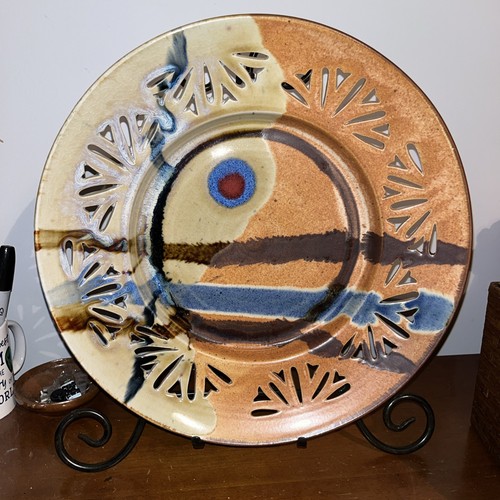 WALT GLASS POTTERY PIERCED 15” ROUND SERVING BOWL 1989 - Picture 1 of 5