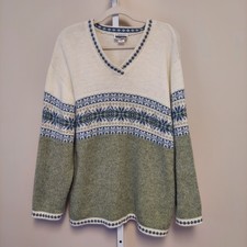 Adele Knitwear Vintage Fair Isle V-Neck Sweater 1X Sage Green Cream Made in USA