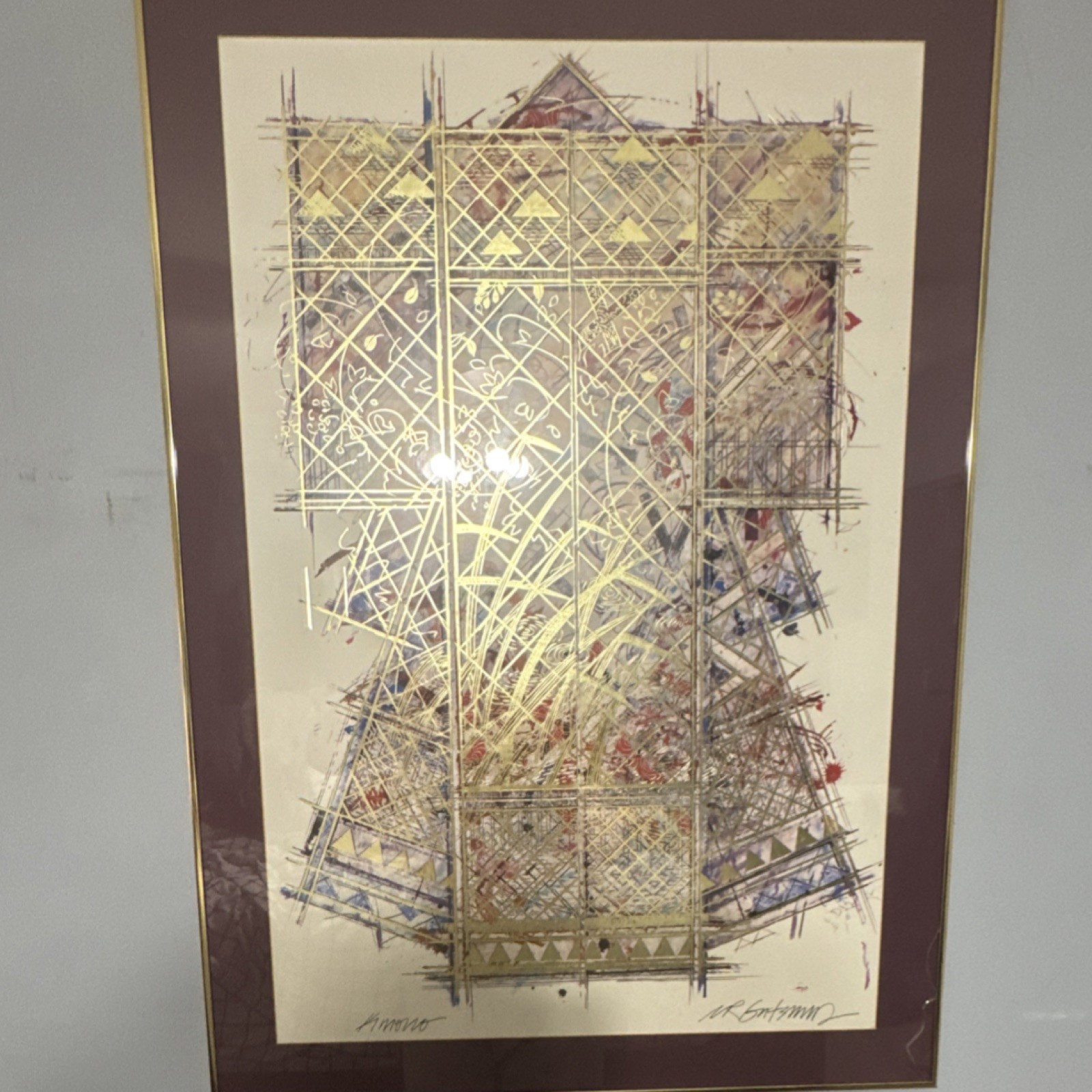 K Moro & NR Gutzmann Signed Abstract Mixed Media Avenue Art Matted Framed Gold
