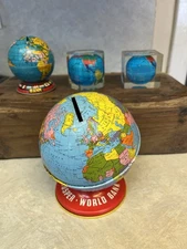Set Of 4 World Globes/2 Banks/2 Globes Encased In Acrylic