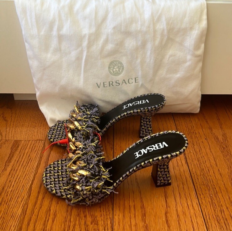 Versace Chain Tweed Mule Sandal Purple/Yellow/Black Size 36 eBay