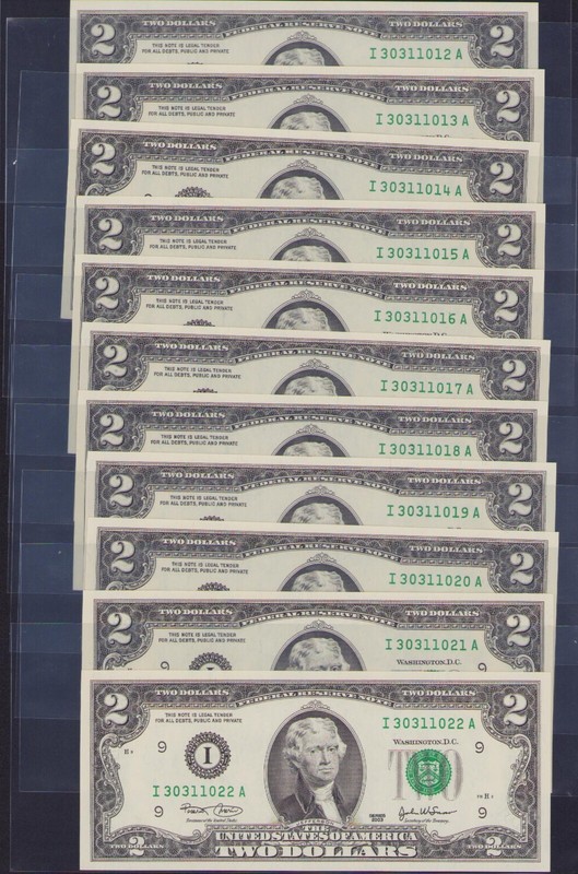 11 Consecutive Serial Numbers US $2 Dollar Bills 2003 UNC Very Cool/Cool