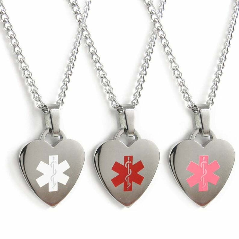 Stainless Steel Medical ID Alert Necklace Heart Pendant Chain Red ...