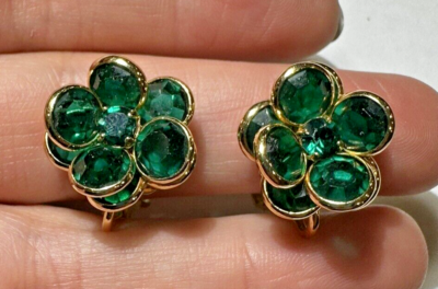 Boucles D'oreilles Vintage Clips - Or Couleur Avec Cristal Vert émeraude - Modèle 3267 - Occasion Parfait état