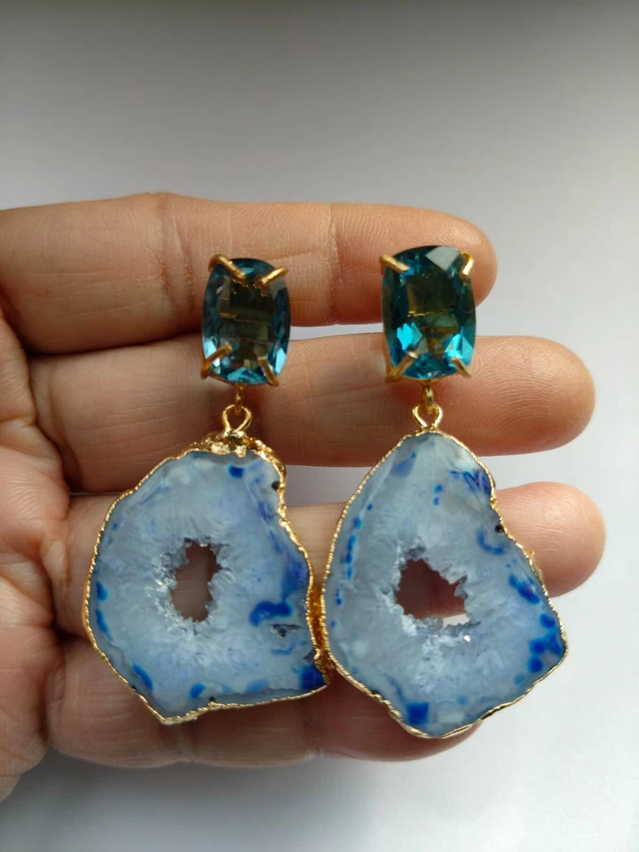 Druzy Slice Earring Hydro London Blue Geode Gold Edge Stud Fashion Jewelry - Image 3 of 4