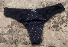 NWT BODY BY VICTORIA'S SECRET NAVY BLUE POLKA DOT LACE BOW CHARM THONG PANTIES