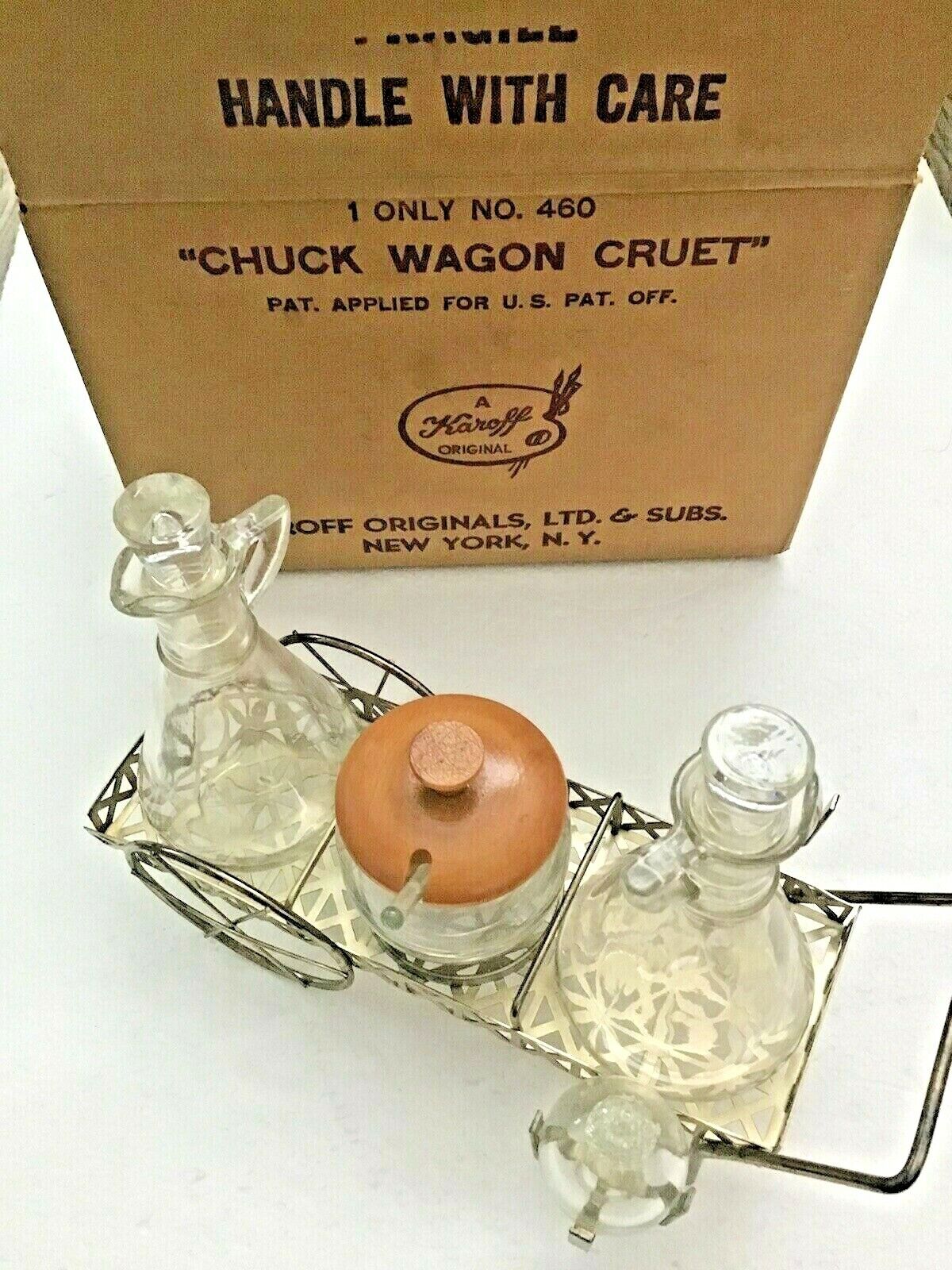Vintage Chuck Wagon Cruet Karoff Silver Plate Cart Glass S&P Oil Vinegar MCM