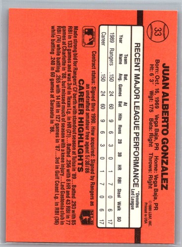 1990 Donruss Baseball Card; #33 Juan Gonzalez (Rookie); NM+ / Reverse Neg ERROR - Picture 2 of 2