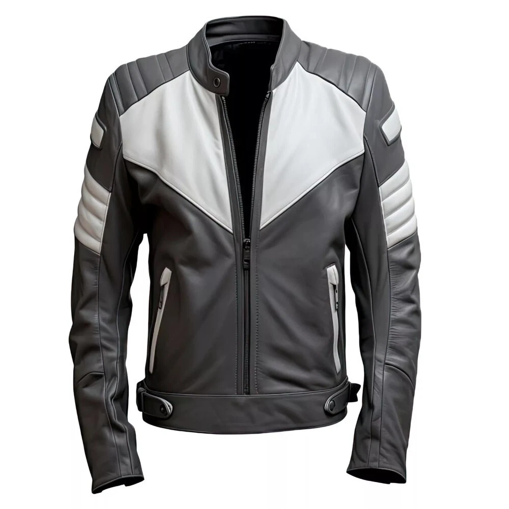 Men’s Charcoal Grey & White Sheepskin Biker Leather Jacket