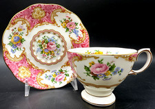 1944 Royal Albert Lady Carlyle Footed Hampton Pink Tea Cup & Saucer Set England