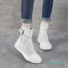 Women's Hollow Out High Top Ankle Boots Plimsolls Leather Shoes Eyelet Hole 2025