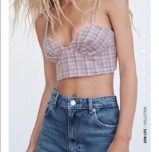 ZARA Tweed Plaid Bustier Crop Top Coastal Festival Pink Blue Metallic