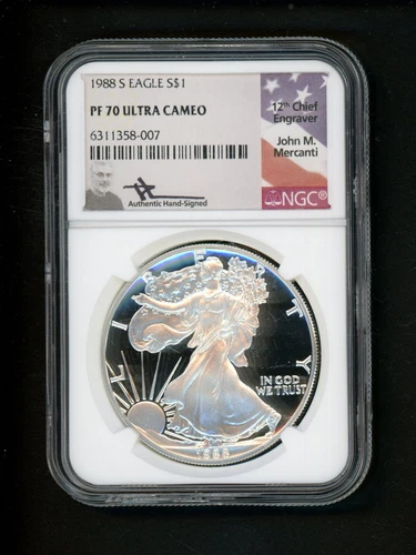 1988 S US Silver Eagle Dollar $1 NGC PF 70 Ultra Cameo Proof GEM MERCANTI FLAG