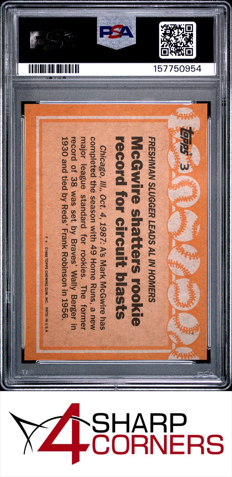 1988 TOPPS #3 MARK McGWIRE WHITE TRIANGLE BY LEFT FOOT PSA 10 view 2
