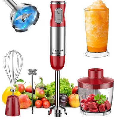 TENKER 1000W 5-in-1 Hand Immersion Blender 12 Speed Eletric Handheld Blender Red