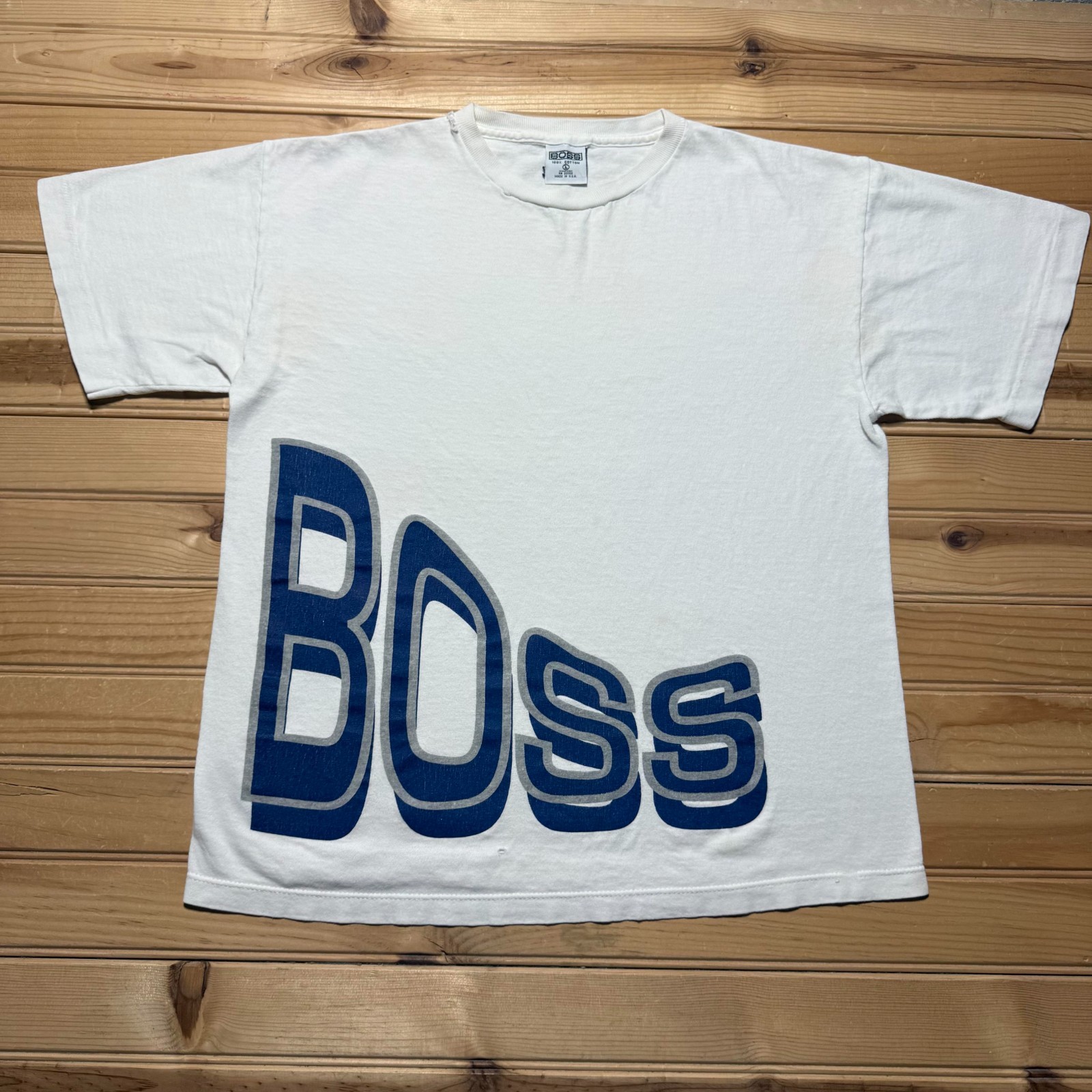 Vintage 90s BOSS Spell Out Big Logo Single Stitch Graphic T-Shirt USA Made Large