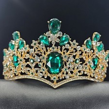 Gold Green Crystal Tiara Crown Baroque Bridal Wedding Quincea era Headpiece