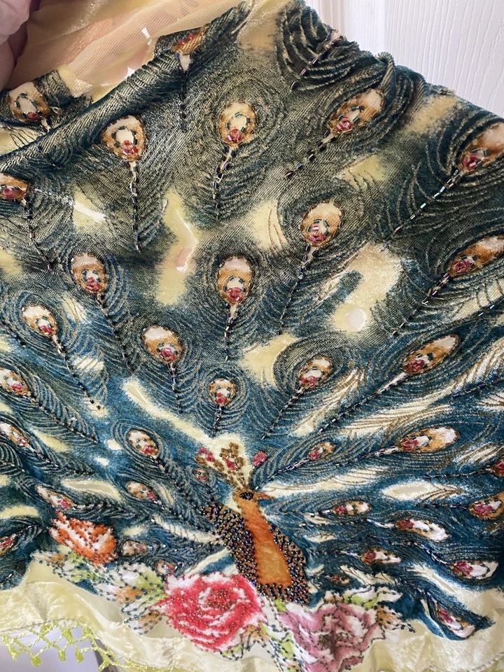 Bufanda o chal con cuentas de terciopelo Burnout flecos de pavo real verde claro boho vintage Foto 4 de 4