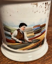ANTIQUE OCCUPATIONAL SHAVING MUG - TAILOR WITH SCISSORS LOTS OF FABRIC