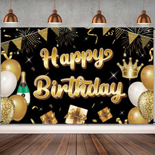 5X3 Feet Black and Gold Birthday Banner, Backdrop Sign - Polyester, Perfect fo