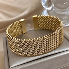 Stainless Steel Braided Mesh Bracelet Women Open Cuff Polished Chain Jewelry
