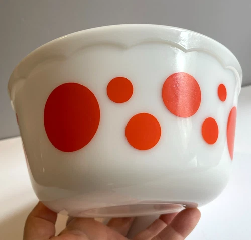 Vintage Hazel Atlas Milk Glass Scalloped Edge Orange Polka Dot Mixing Bowl
