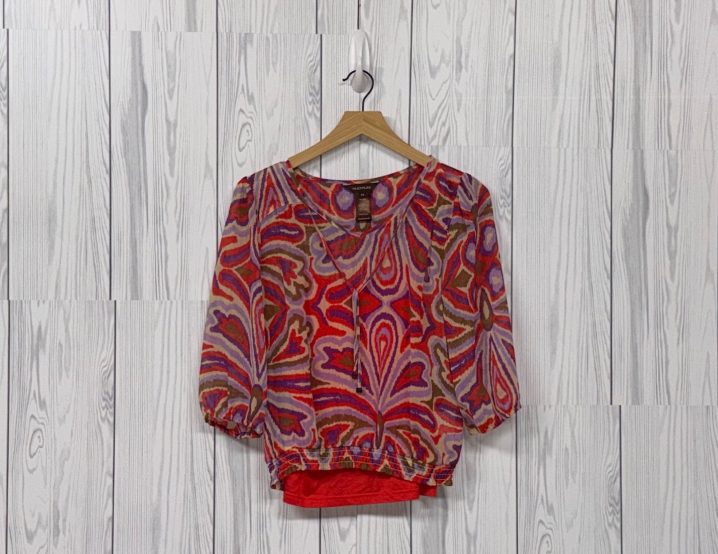Multiples top womens size petite small red patterned blouse stretch long sleeve