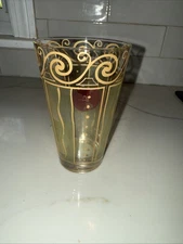 Vintage Hand-Painted Glass Tumbler Or Lowball Glass. Gold Swirl Design Set of 1 