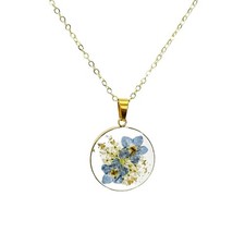 Valentine's Day Forget Me Not Pressed Flower Necklace Gold Plated Blue New