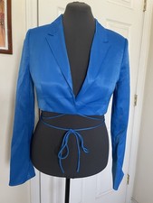 NWT Women's Sz M ZARA Blue Satin Effect Cropped Tie Blazer
