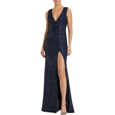 Ieena For Mac Duggal Blue Sequin V-Neck Ruched Gown with High Slit Evening Dress
