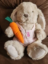 VTG Commonwealth Bunny Plush Rabbit Carrot Overalls Pink 12” Tall 1989 Easter
