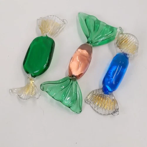 Vintage Murano Style Art Glass Candy Figurine Set of 3 Multicolor Blown Decor