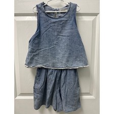 Abercrombie Kids Girls Blue Chambray Pom Pom Trim Romper Size 11/12