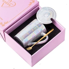 13.5oz Marble Coffee Mugs with Lid Gold Spoon Pearly Ceramic Tea Cup Cute Mug...