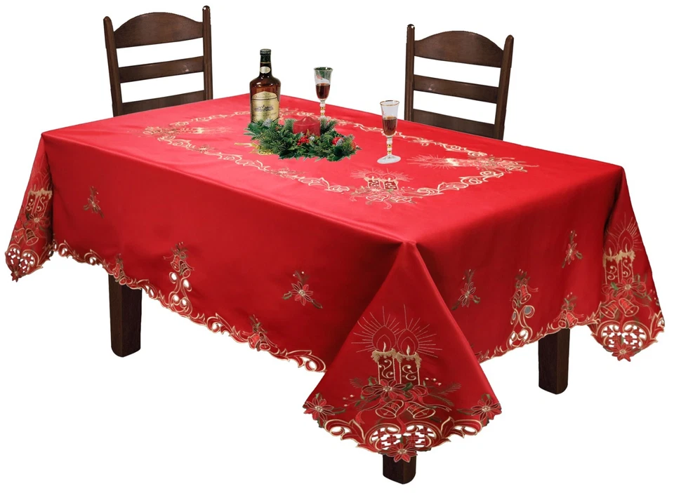 Holiday Christmas Poinsettia Bell Candle Tablecloth With Napkins RED GOLD - Image 4 of 4