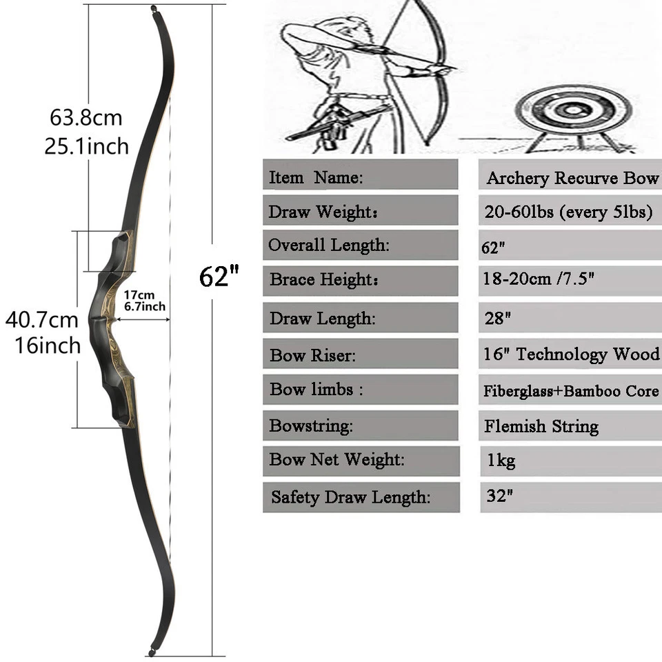 62" Hunting Bow Takedown Recurve Bow 20-60lbs Limbs Wooden Archery Adult Target - Image 4 of 4