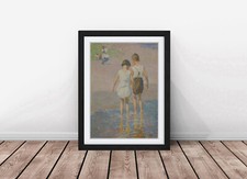 Delightful Oil  Painting Style of Kids at Beach Framed Print