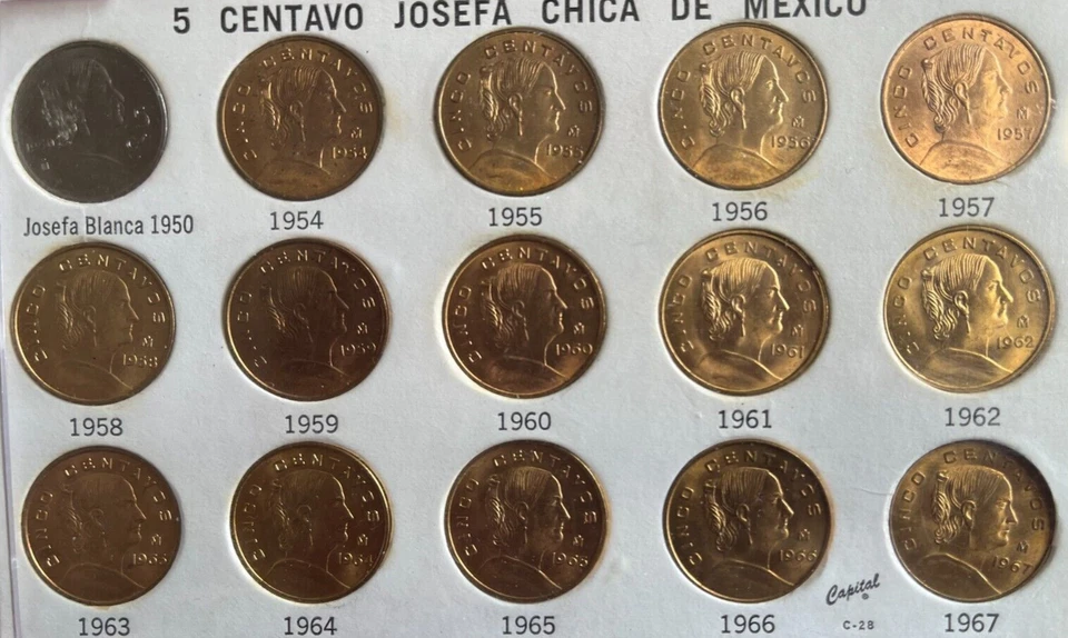 L67 México; 5 centavos 15 moedas conjunto completo 1950-67 incluindo data-chave 1954 UNC - Imagem 4 de 4